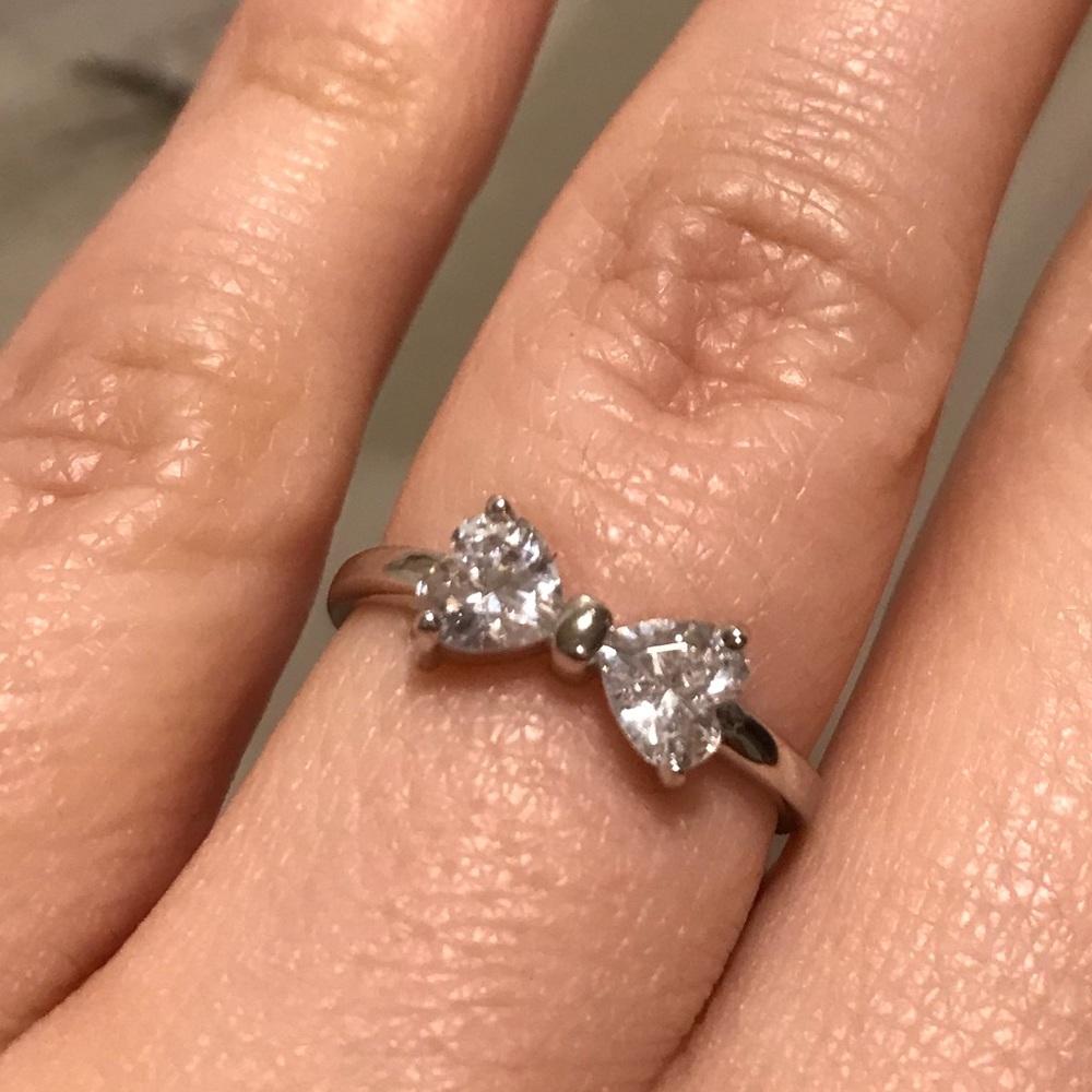 Sterling Silver BowRing w Heart Shaped CZ Diamonds